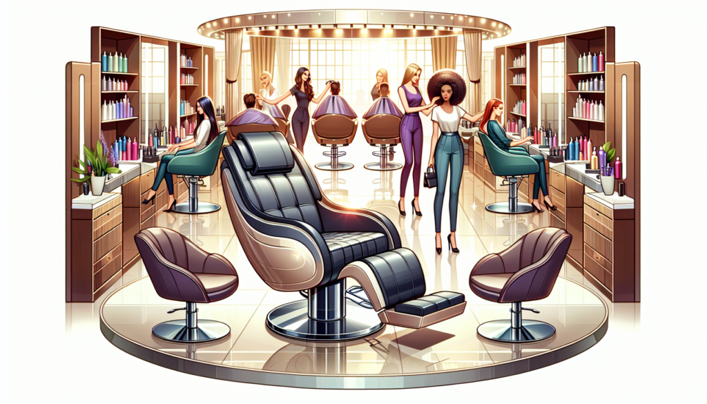 Create an image of a modern, stylish salon with a PureSana salon chair as the focal point. The chair should look comfortable and luxurious, with plush cushioning and ergonomic design elements. Stylist