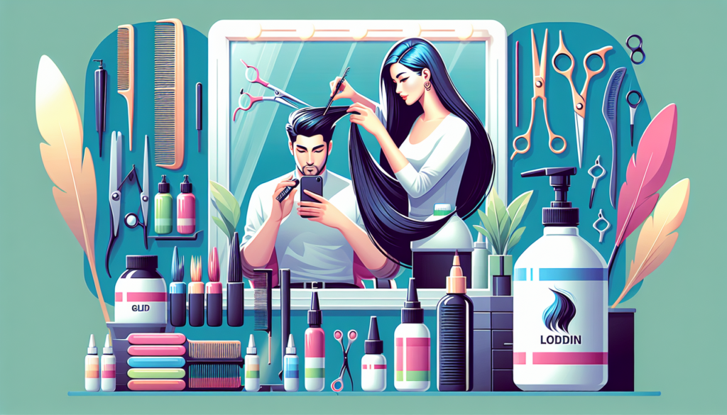 Create an image featuring a professional hair stylist's workstation with various hair tools, focusing on a bottle of Salon Pro Hair Bonding Glue prominently displayed. The scene should include hair ex