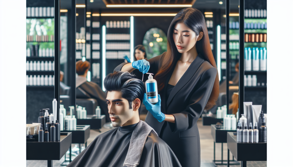 Create an image of a professional hair salon scene, with a stylist expertly applying Salon Pro Hair Glue on a client's hair extension. The background should feature a modern, sleek salon interior with