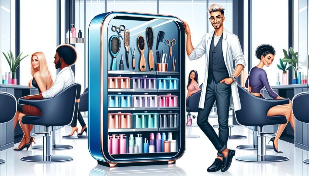 Create an image that features a sleek, modern salon with a professional hairdresser using a stylish lockable salon trolley. The trolley should have multiple lockable compartments, elegantly designed i