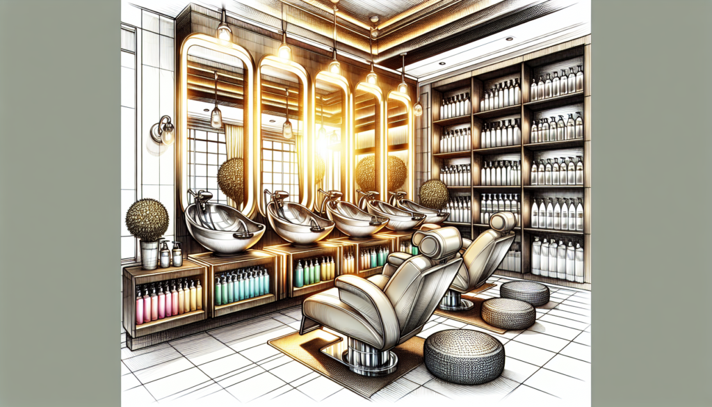 Create a detailed image of a modern hair salon interior focused on a luxurious shampoo station. The station should feature stylish, ergonomic chairs with plush cushions, sleek shampoo bowls with high-
