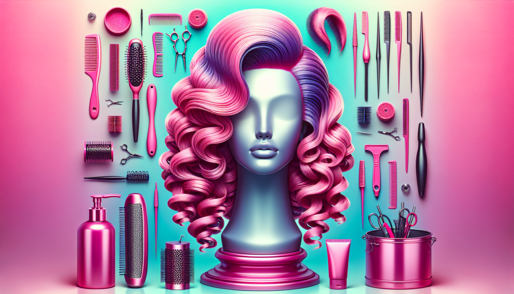 Create a vibrant and stylish image of a mannequin head wearing a pink synthetic wig. The wig should be styled in various fashionable ways, such as curls, updos, and braids. Include a selection of hair