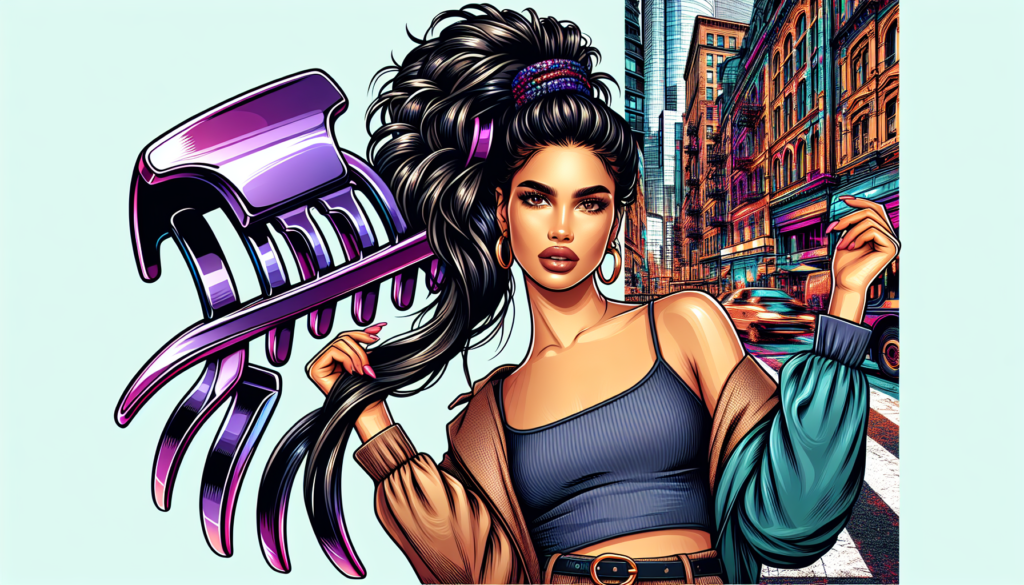 Create an image of a woman with a trendy hairstyle, featuring a large, stylish purple claw clip securing her hair. She is dressed in fashionable, modern clothing and is posing confidently in an urban