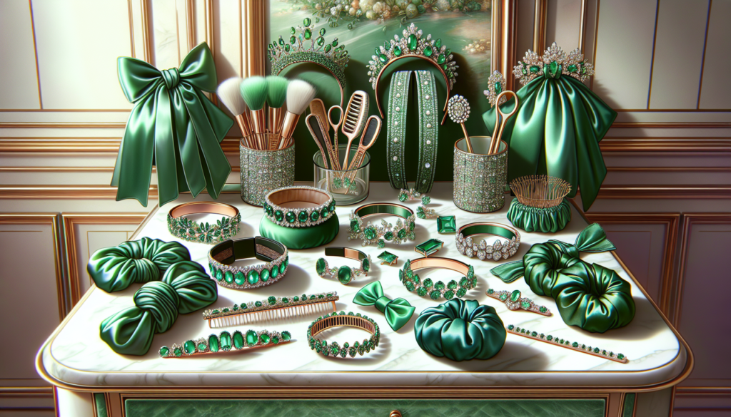 Create an image featuring a variety of stylish emerald green hair accessories, including headbands, clips, hairpins, and scrunchies, displayed on a chic marble vanity. The accessories should be crafte