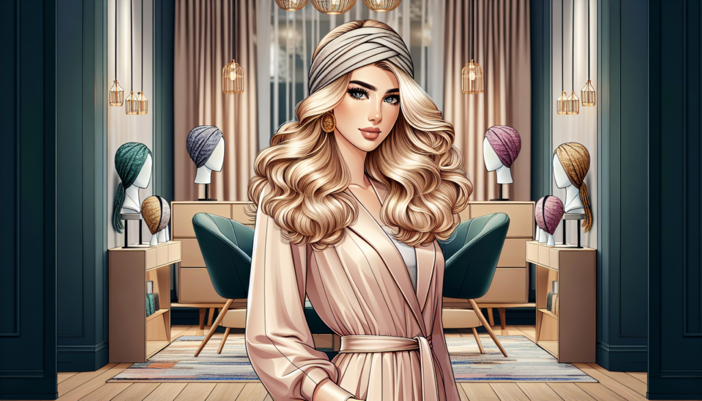 A fashionable woman confidently wearing a honey blonde headband wig with soft, wavy curls. She is set against a backdrop of a modern, chic room with elegant decor. The image features a variety of styl