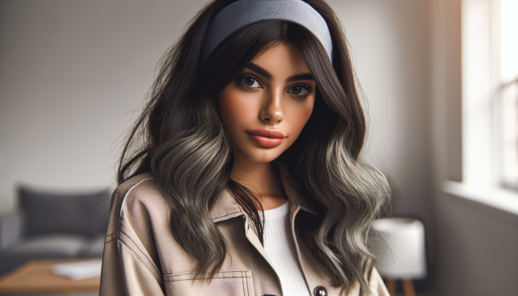 Create an image showcasing a stylish and versatile grey headband wig, modeled by a fashionable young woman. The setting is a chic, modern studio with soft natural lighting. The woman is wearing trendy