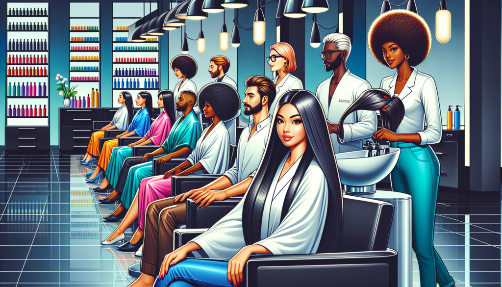 An image of a modern hair salon: clients sitting comfortably in stylish chairs under sleek, futuristic heat lamps. The salon is vibrant and well-lit with contemporary decor, professional hair stylists