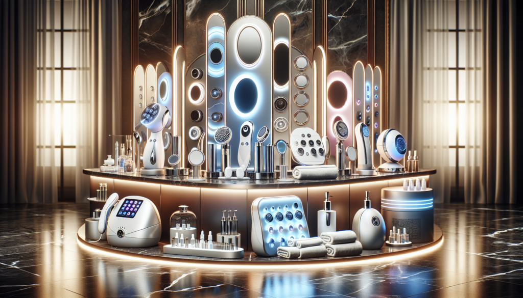 Create an image of a luxurious, well-lit skincare station featuring an array of high-end beauty equipment from Mr. Beauty Equipment. The scene should include state-of-the-art devices like LED face mas