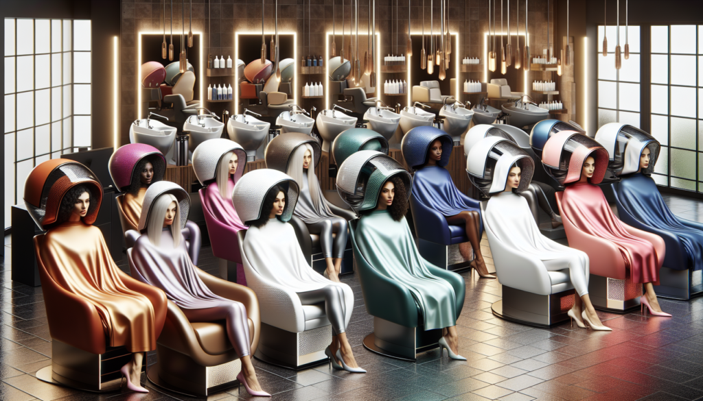 Create an image showcasing a variety of stylish and comfortable salon dryer chairs with hoods in a modern, chic salon setting. Include diverse models in use, highlighting different chair designs, colo