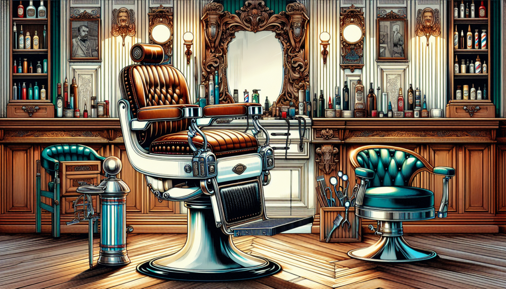 A meticulously detailed illustration showcasing a vintage Belvedere barber chair, highlighting its intricate craftsmanship and timeless elegance. The chair is set in an opulent, old-world barbershop a