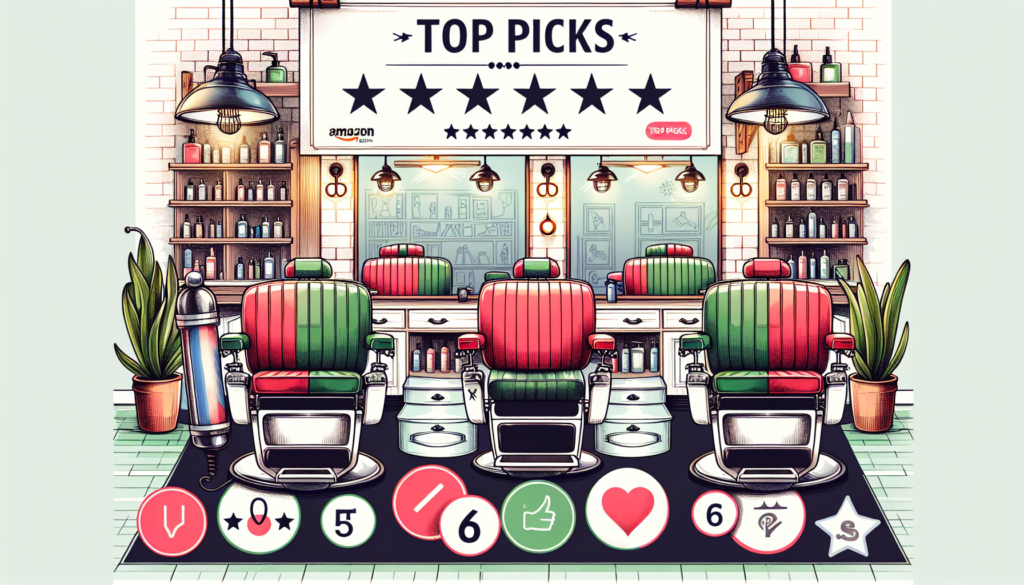 Create an image showcasing a stylish modern barbershop with a variety of high-quality barber chairs in different designs and colors. Label each chair with an Amazon tag, and include a Top Picks banner