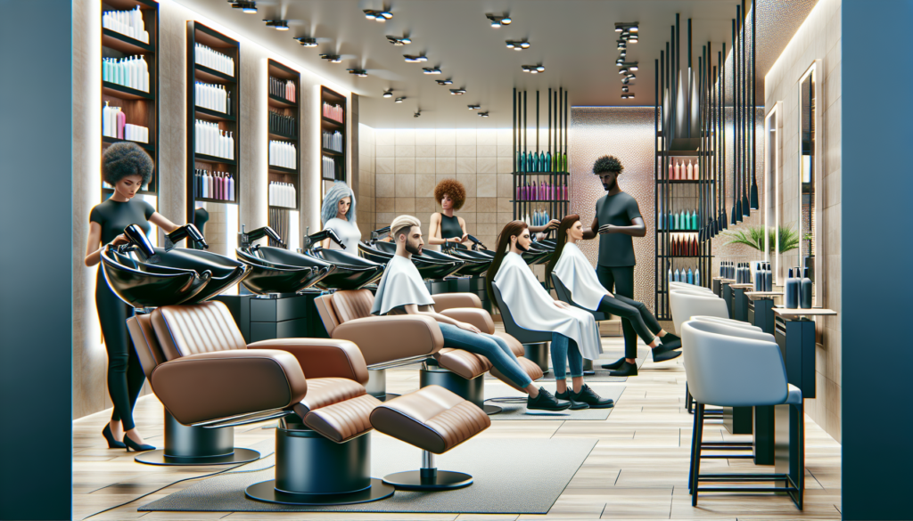 A modern, stylish salon interior filled with sleek, high-quality equipment such as adjustable leather salon chairs, advanced hairdryers, and multi-functional styling stations. The image captures a wel
