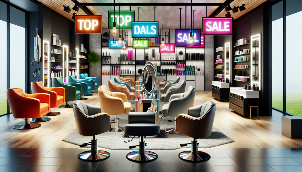 Create an image of a modern salon furniture store with various items like stylish salon chairs, mirrors, and styling stations displayed in an appealing showroom setting. Include prominent signs showca