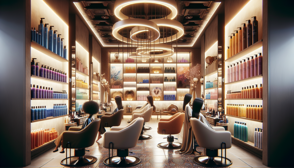 Create an image of a high-end, luxurious salon with shelves lined with a variety of professional hair products from different top brands. The interior should be chic and modern, with elegant lighting,