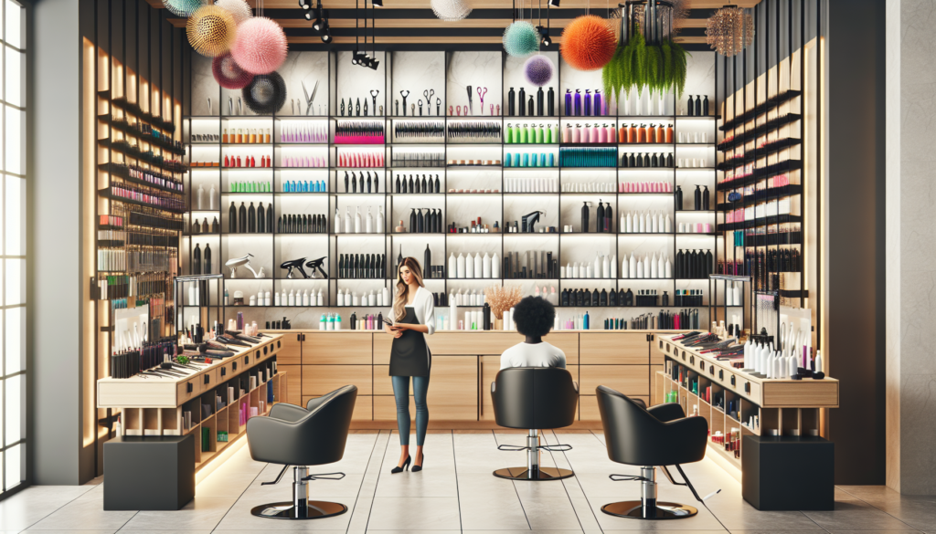 Create a vibrant image of a well-organized salon equipment store with neatly arranged shelves displaying hairdryers, scissors, combs, hair products, styling chairs, and mirrors. The store should have