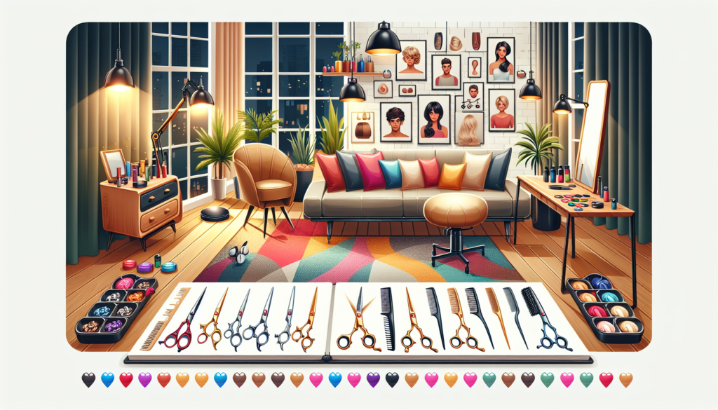 Create an image of a beautifully lit, cozy home setting with a stylish haircut station. On the table, display an assortment of high-quality hair cutting scissors, each with unique designs and features