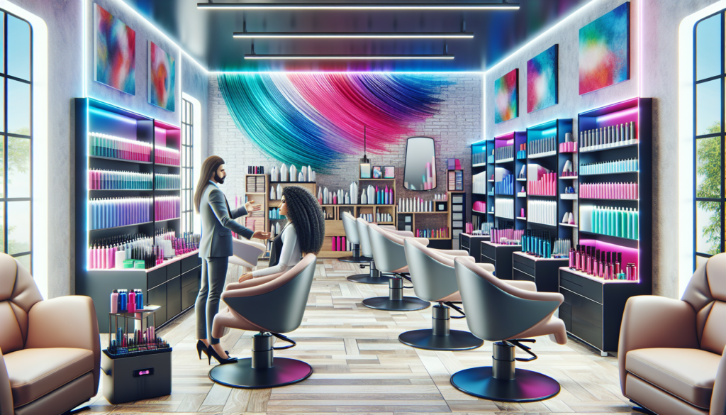 Create a high-resolution image showcasing a modern hair salon with various high-quality equipment like ergonomic salon chairs, advanced hair dryers, sleek styling stations, and well-organized shelves