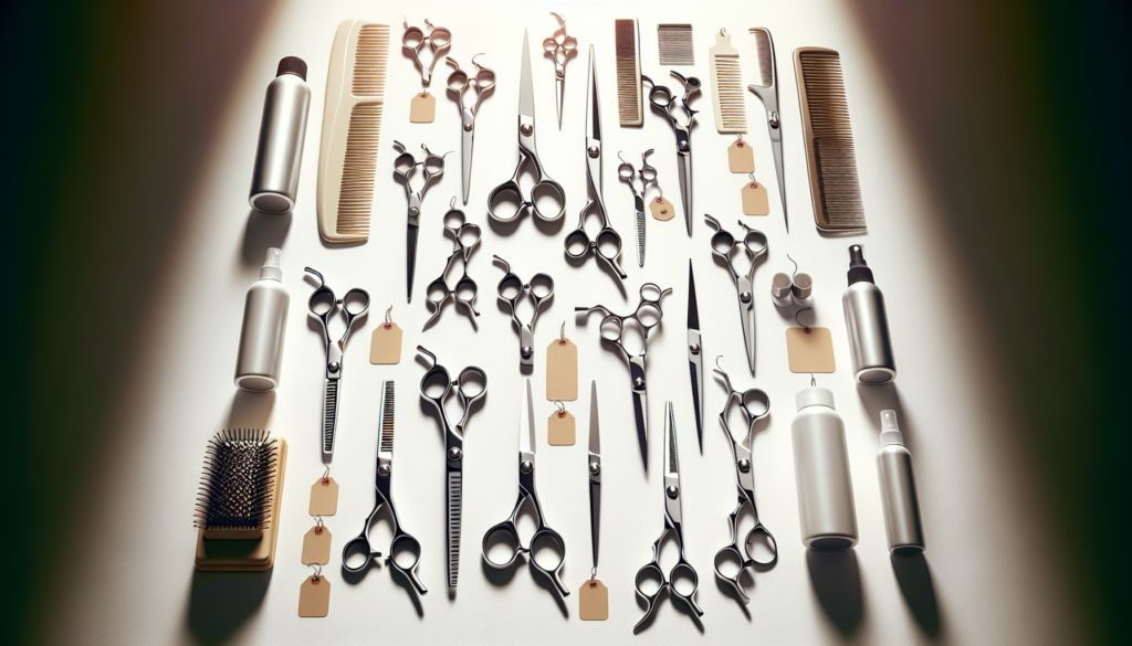 A high-quality image of various professional haircut scissors displayed on a clean, minimalist white background. The scissors are arranged neatly, showcasing different types such as hair cutting shear