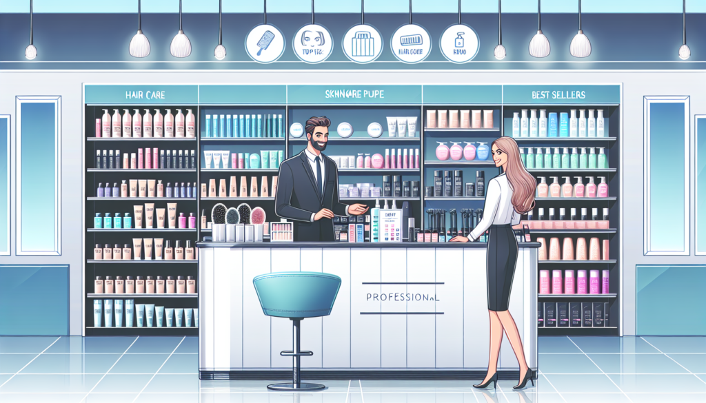 Create an image of a sleek, modern interior of a professional beauty supply store. The store should feature well-organized shelves with high-end beauty products such as hair care, skincare, and makeup