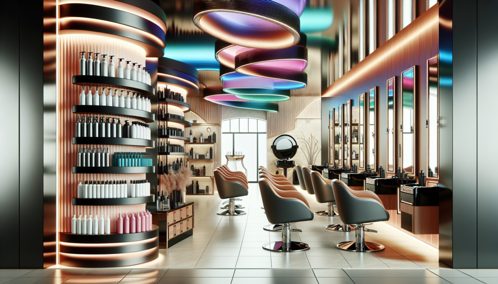 Create an image showcasing a luxurious hair salon interior with a selection of high-end, professional hair care products displayed on elegant shelves. The scene should include a stylish hairdressing s
