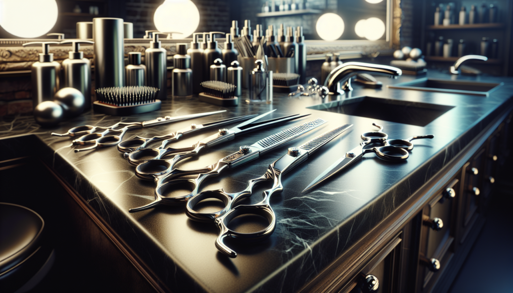 A sleek, modern barbershop setting showcasing a variety of high-end, professional hairdressing scissors from 2023. The scissors are arranged on a stylish, black marble countertop with each pair highli