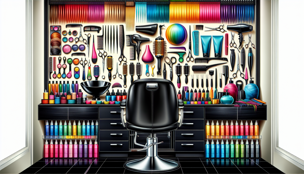 An organized workstation of a professional hair stylist showcasing a variety of high-quality hairdressing supplies, including precision scissors, combs, hairdryers, curling irons, hairbrushes, color b