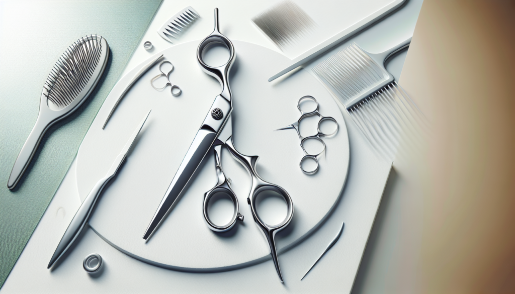 Create an image that showcases a sleek and modern pair of silver professional hair-cutting scissors lying on a pristine white surface. The scissors should have a sharp, precise blade and an ergonomic