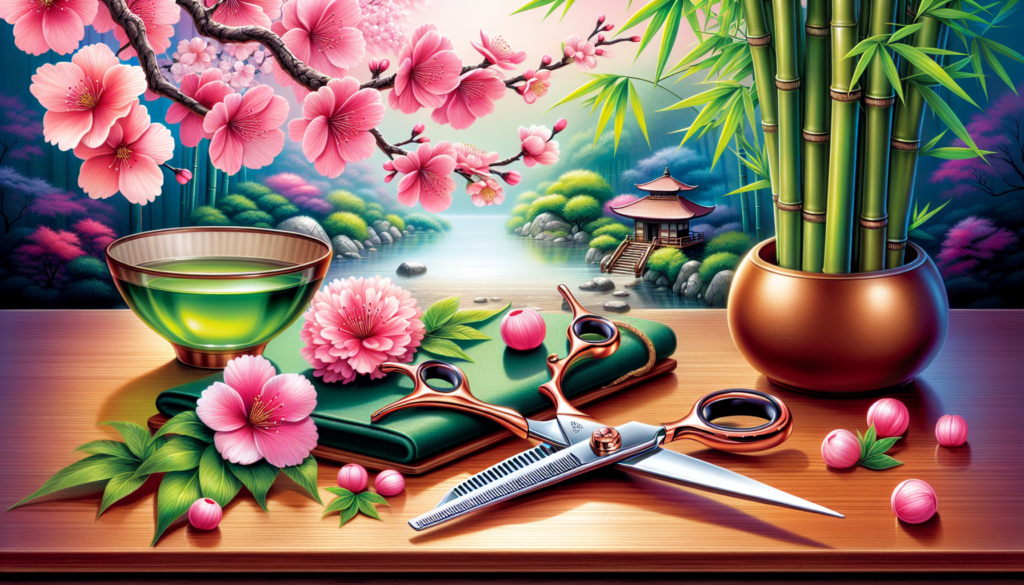 Create an image of a luxurious set of top-rated Japanese hairdressing scissors displayed elegantly on a wooden table. Surround the scissors with traditional Japanese elements such as cherry blossoms,