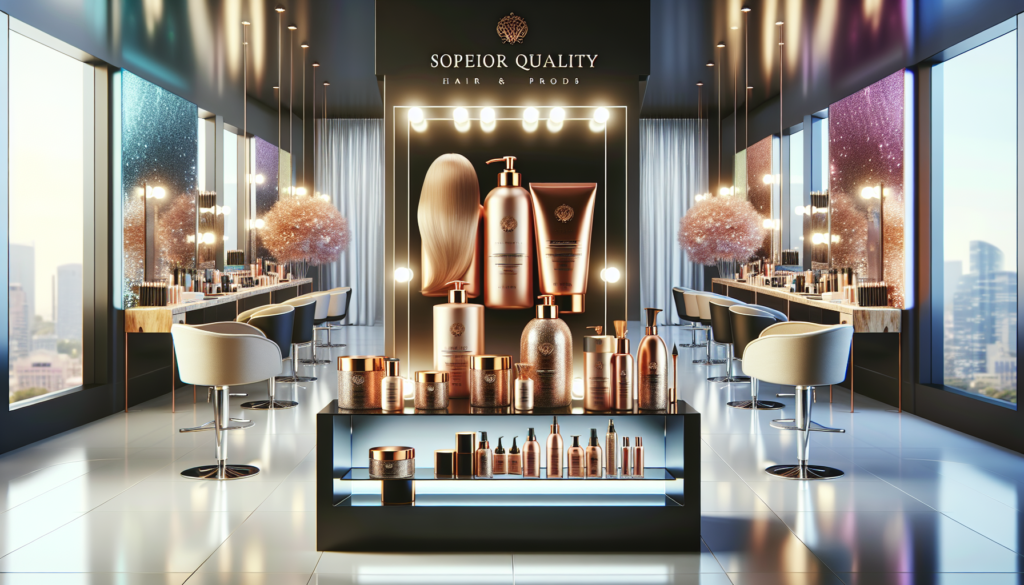 Create an image of a lavish salon setup showcasing a variety of premium hair products. The scene should feature elegant packaging, glistening bottles, and intricate labels that exude luxury. Include a
