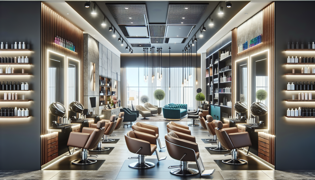 A sleek, contemporary salon interior featuring top-of-the-line salon equipment such as state-of-the-art hair dryers, luxurious reclining barber chairs, advanced styling stations with illuminated mirro