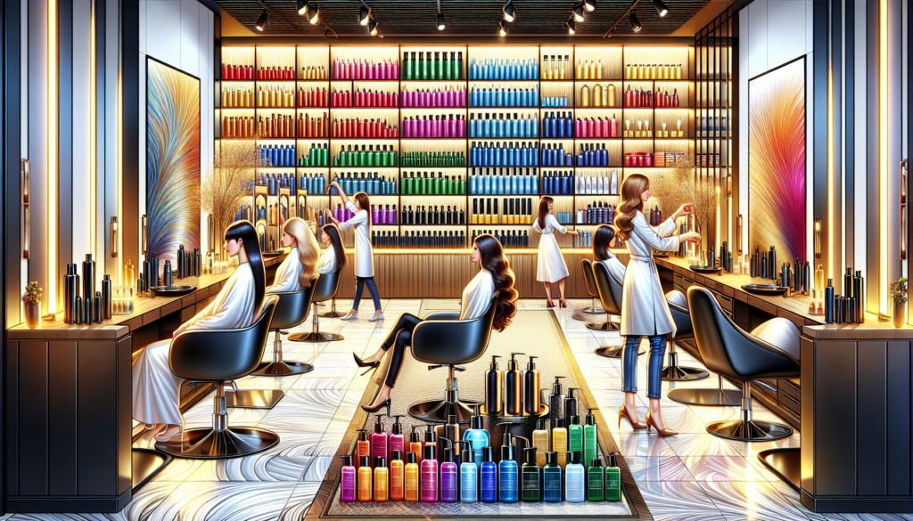 A high-end salon with sleek, modern decor, showcasing a range of luxurious hair care products on elegantly designed shelves; professional stylists working diligently with clients, demonstrating the us