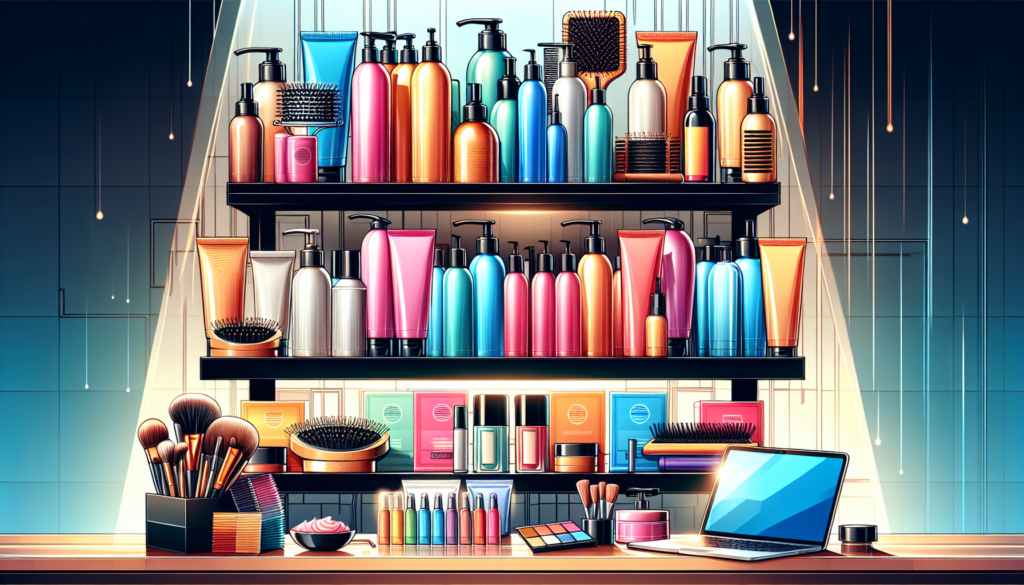 A vibrant, well-lit image featuring a variety of premium salon products displayed neatly on elegant shelves. Highlight top hair care, skincare, and beauty products including shampoos, conditioners, se