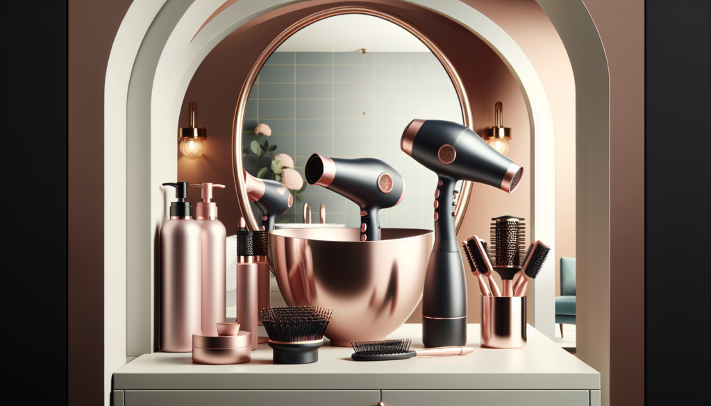 Create a high-resolution image of a modern, sleek bathroom setting with various top salon-quality hair dryers displayed prominently on the countertop. Each hair dryer showcases different features, lik