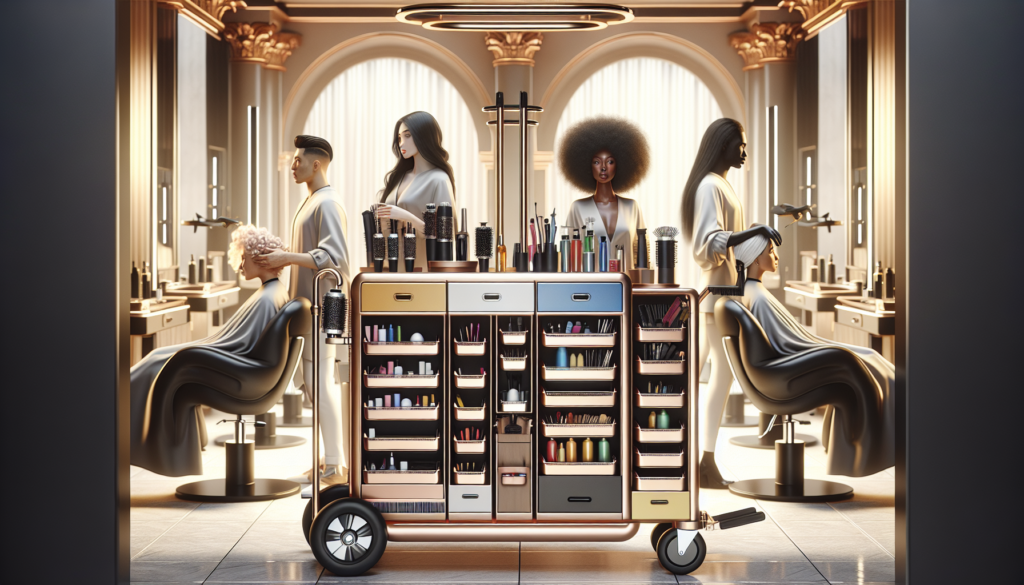 Create an image showcasing a modern, high-end salon. In the foreground, feature a variety of stylish, well-organized salon trolleys with clearly visible compartments holding hairstyling tools, product