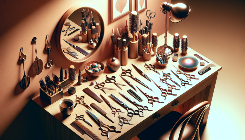Create an illustration of a neatly organized tabletop displaying a variety of high-quality hair cutting scissors. The setting should resemble a cozy home environment, with gentle lighting to highlight