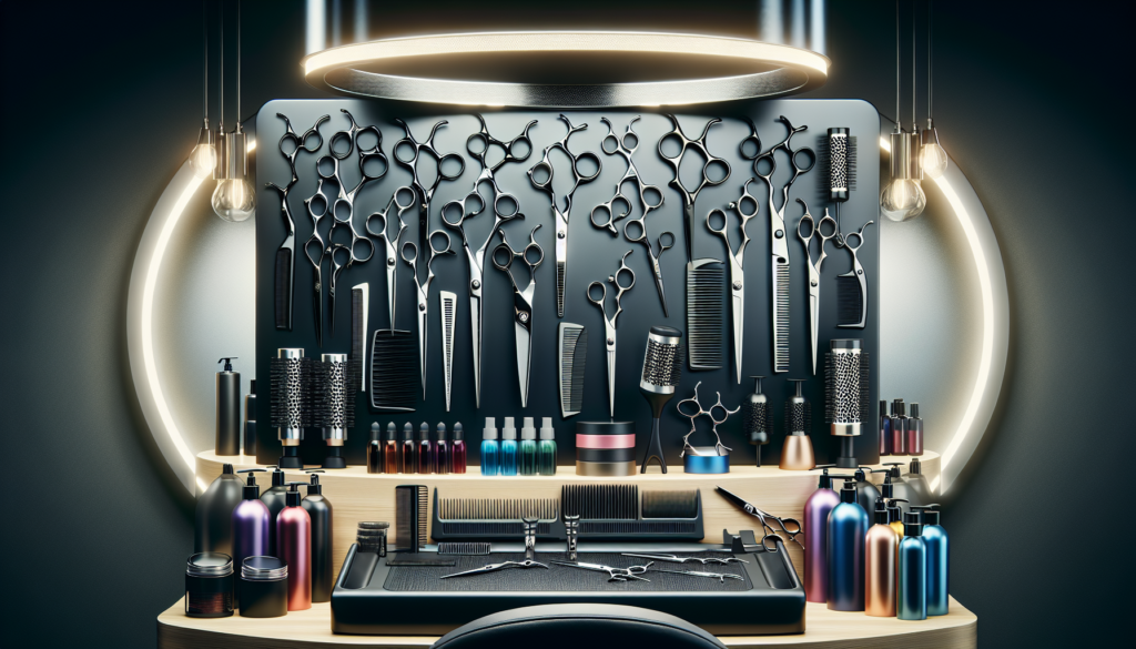 Create an image showing a variety of high-quality professional hair cutting scissors on a sleek salon workstation. Each pair of scissors should have unique features like ergonomic handles, precision b