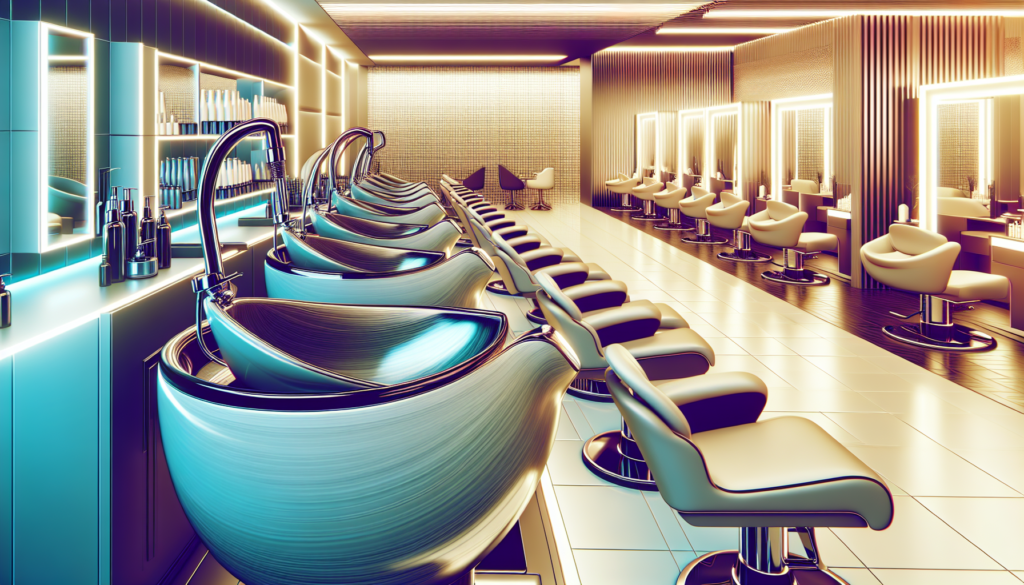 Create a high-resolution image of a modern, well-lit salon featuring an array of top-of-the-line shampoo bowls. Each bowl should be stylish and ergonomically designed, made from premium materials, and