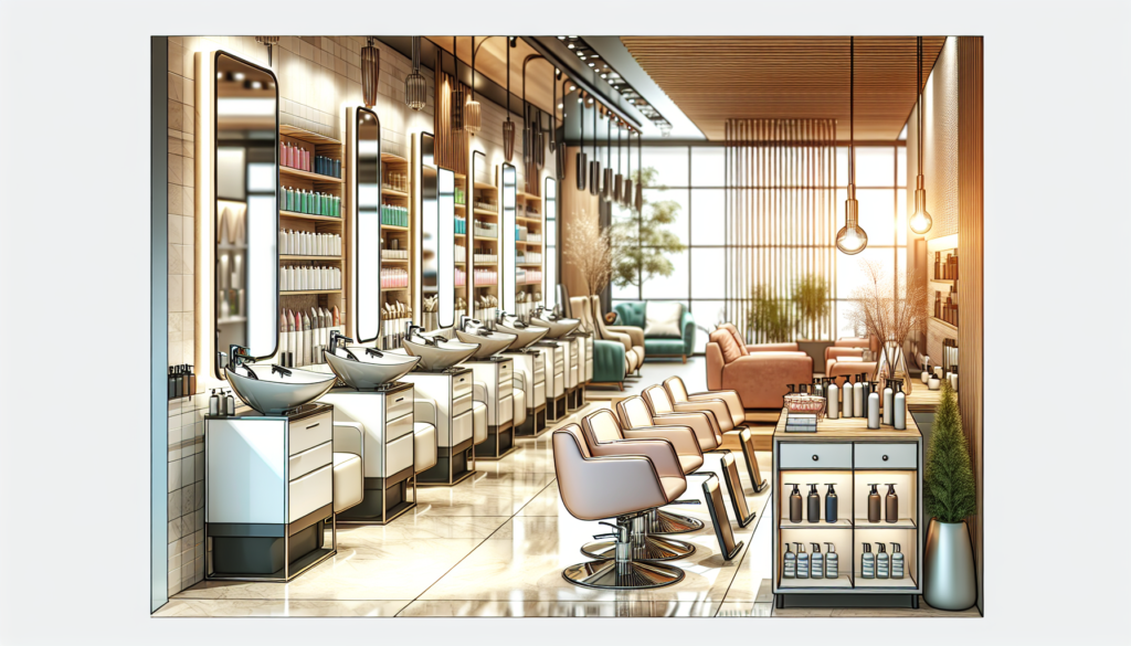 Create an image of a modern, high-end professional salon featuring stylish, ergonomic salon chairs, sleek hair-washing stations, elegant storage units, and well-lit mirrors. Include brand logos subtly