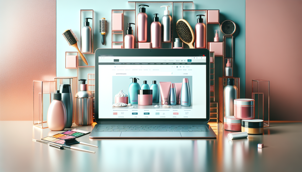 Create an image showcasing an aesthetically pleasing online shopping scene for professional hair products. The image should include a laptop or a desktop computer with an open website displaying high-