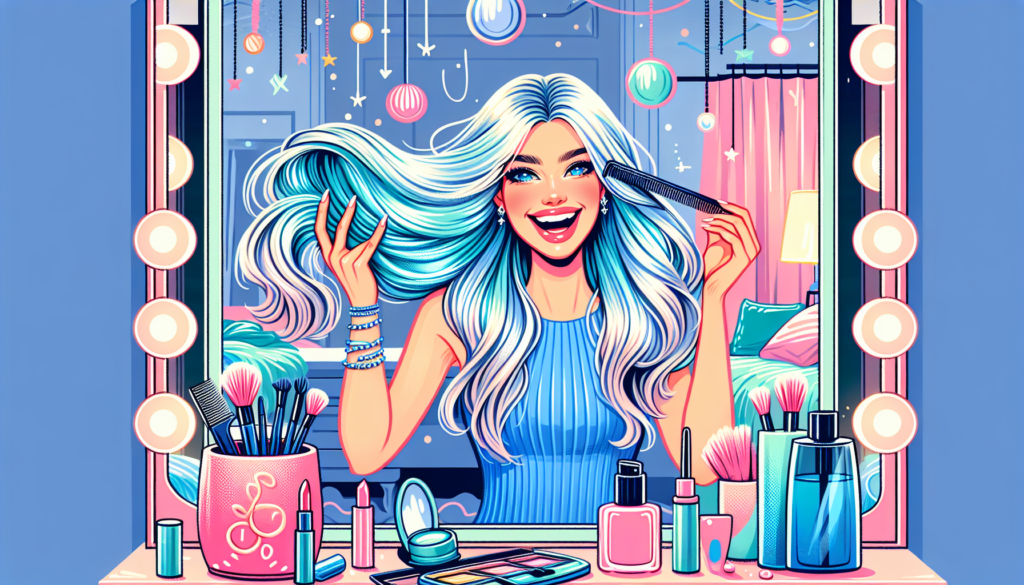 Show a vibrant scene of a young woman transforming her look by clipping in bright blue hair extensions. Capture her in front of a vanity mirror with a joyous expression, surrounded by stylish accessor