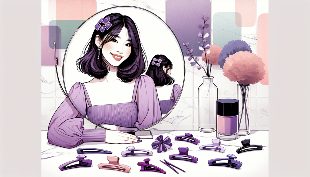 Create an image showcasing a variety of trendy purple hair clips of different shapes and styles, beautifully arranged on a white marble vanity. Include a mirror reflecting a stylish person wearing one