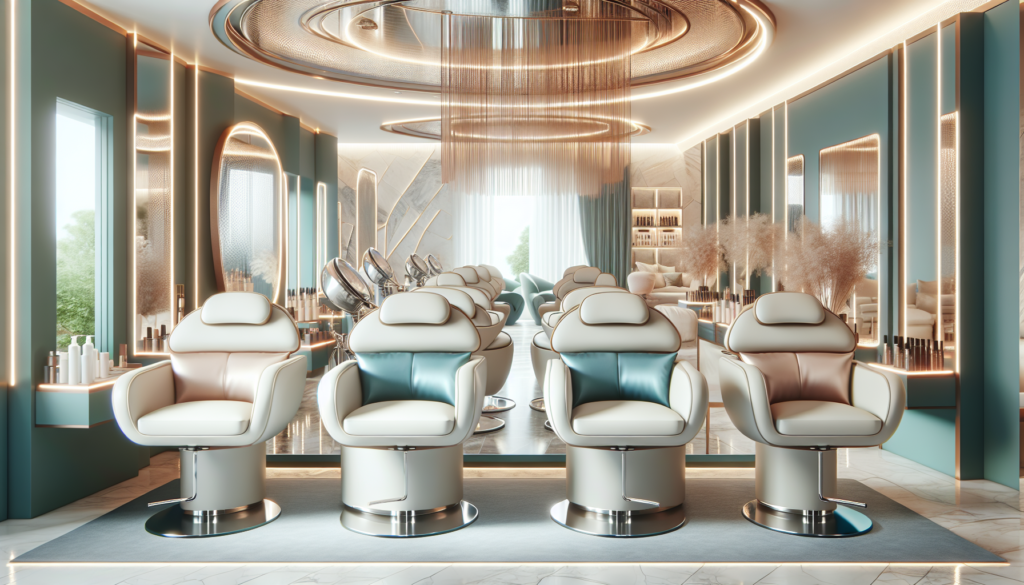 Create an image of a luxurious, modern salon featuring extra-wide, elegantly designed salon chairs with plush cushioning. Each chair is accommodating clients of various body types comfortably, showcas