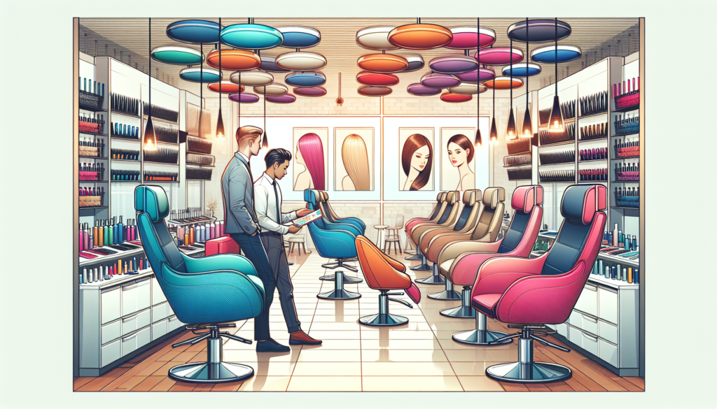 Create an image of a vibrant, modern beauty salon filled with a variety of stylish and ergonomic salon chairs in different colors and designs. The scene should show salon owners examining and discussi
