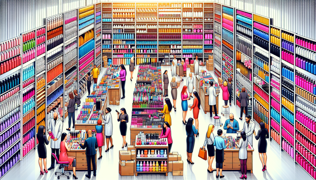 A vibrant, organized warehouse filled with various wholesale beauty salon supplies, including hair products, skincare items, nail polishes, and salon equipment. Shelves are neatly stocked with colorfu