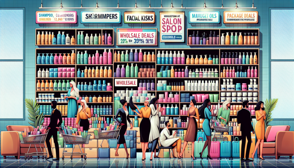 Create a vibrant and inviting image of a modern salon and spa supply store offering wholesale deals. The store is filled with neatly organized shelves stocked with beauty and spa products like shampoo