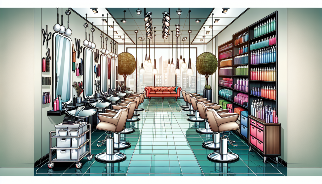 Create an image of a stylish and modern hair salon interior filled with a variety of high-quality hair salon equipment available at wholesale, including chairs, hairdryers, mirrors, trolleys, and stor