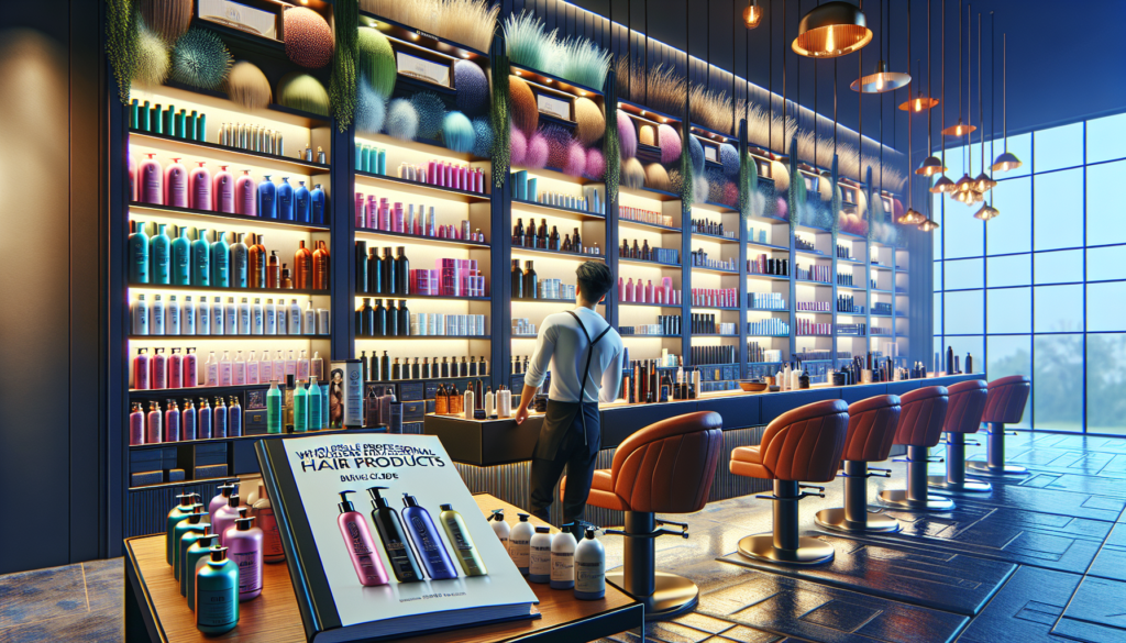Create an image showcasing an upscale salon interior with shelves filled with an array of professional hair products. The products include shampoos, conditioners, treatment serums, and styling gels, a