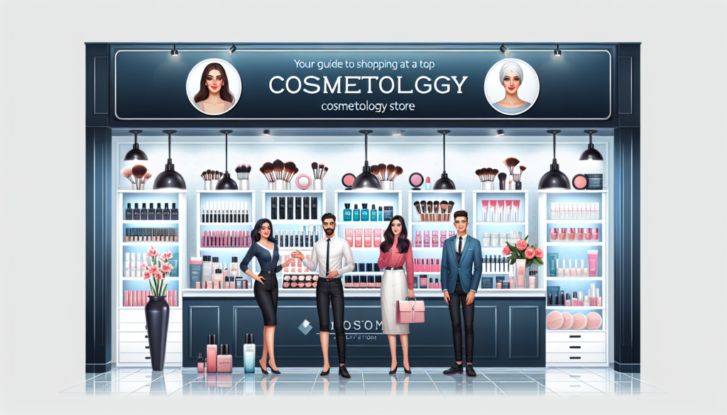 Create an image showcasing a vibrant and elegant cosmetology store. The store should feature well-organized shelves filled with high-quality beauty products, makeup brushes, and skincare items. Includ