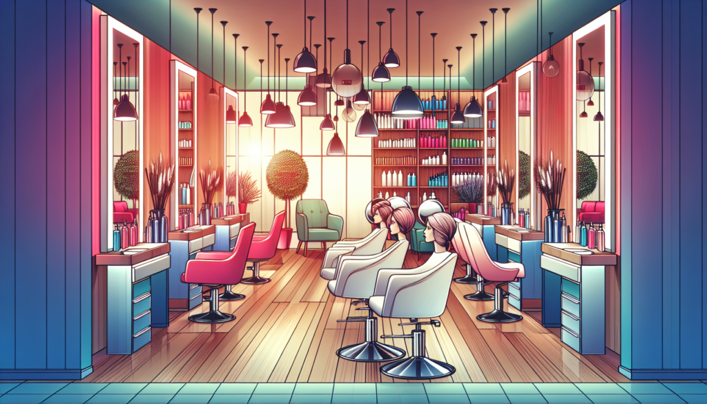 A vibrant and modern salon setting showcasing a range of stylish and affordable hair cutting chairs. Each chair is occupied by mannequins sporting trendy hairdos, highlighting the sleek design and com