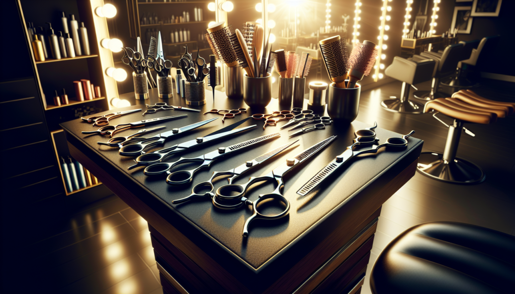 Create an image of a well-lit salon table showcasing a variety of beautifully designed left-handed hair cutting shears. The shears should be arranged neatly, with some open and some closed, demonstrat